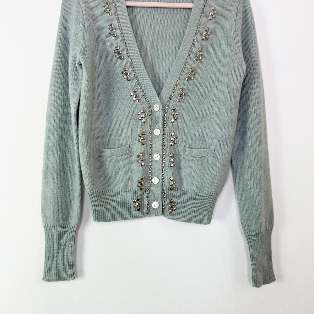 J.Crew Light Grey Green Alpaca Merino Embellished Cardigan With Pockets Size XS - Picture 3 of 7